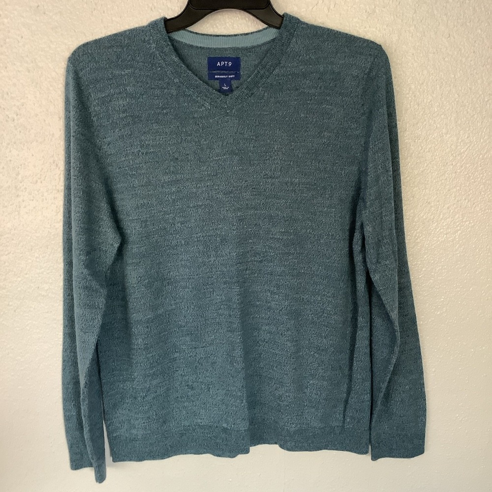Apt.9 Seriously Soft Mens Sweater Blue V Neck Long Sleeve Large